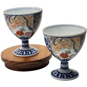 Japanese Vintage Set of 2 Imari Polychrome Porcelain Sake Chalice Cups 3' Tall